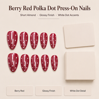 H003-7 Kaixin Faux Ongles Courts Amande à Coller Rouge Bordeaux à Pois Blancs Brillants – Vente en Gros