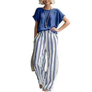 Women's Striped <b>Linen</b> <b>Trousers</b> Blue White <b>Wide</b> <b>Leg</b> Casual Pants S M L XL 2XL Europe America Style - Product Image 1