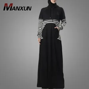 Trendy Sports Jersey Hooded Abaya With Front Pocket Stripe Muslim Women Activewear Islamic Sports Style Dress