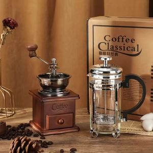 Coffee Accessories <b>Gift</b> <b>Box</b> High Quality Hot Sale Wood Manual Coffee Grinder with Glass French Press 2026 New Ideas - Product Image 1