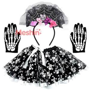 Disfraz de Halloween con Falda de Calavera, Guantes de Esqueleto y Diadema de Malla con Arañas, Disponible en MS - Product Image 1