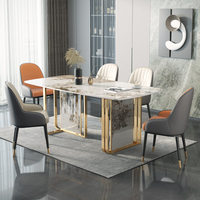 Table et chaises de salle à manger modernes en dalle de roche avec pieds en métal doré, 4 et 6 places, pour restaurants, hôtels et appartements