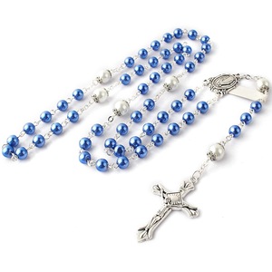 Kalung Rosario Mutiara Biru Klasik Baru dengan Manik-manik, Warna Perak, Salib Bunda Maria untuk Doa Harian Katolik - Product Image 3