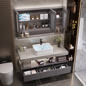 <span class=keywords><strong>Vasque</strong></span> de salle de bain murale moderne et minimaliste en dalle de roche avec miroir intelligent et rangement intégré - Product Image 2
