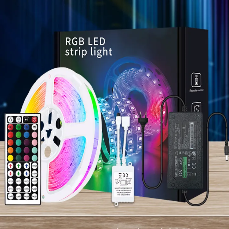 Factory outlet IP20 44 key IR remote controlled 5050 5M 150LED 12V RGB LED strip with power adapter