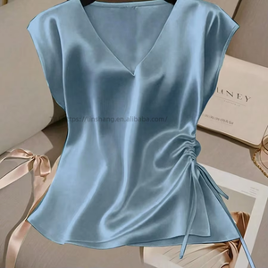 Women's <b>Satin</b> V-Neck Drawstring Ruched <b>Blouse</b> - Cap Sleeve Asymmetrical Hem Top Shirt Fashion - Product Image 2