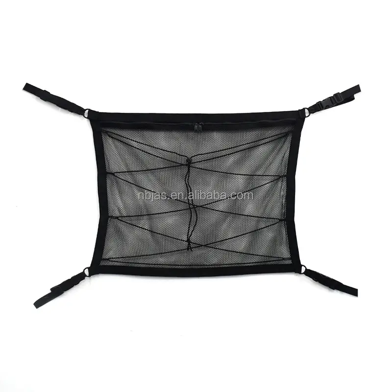 Double Layer Car Roof Ceiling Trunk Interior Roof Overhead Rear Cargo Mesh Storage Net Bag With Zipper And Drawstrings