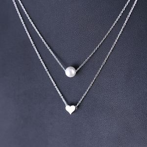 Nouveau <span class=keywords><strong>Collier</strong></span> Simple Cœur d'Amour en Argent Sterling avec Double Rang de <span class=keywords><strong>Perles</strong></span> S925 - Product Image 1