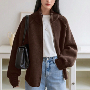 Women's Olive Green Stand Collar Zipper Knitted <b>Cardigan</b> Loose Fit Sweater Top Autumn Winter 2025 Korean Style Solid Color - Product Image 3