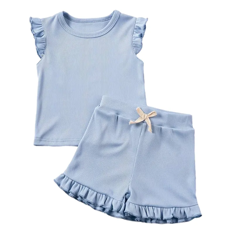 Ensembles pour enfants en bambou côtelé biologique ensemble de deux pièces en tricot ensemble de vêtements pour filles durables pour enfants t-shirt et short d'été personnalisés pour filles