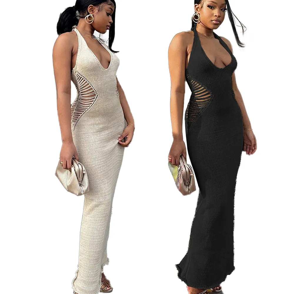 Hot Sell Summer 2024 Women Clothing Long Dresses Sexy Hollowed Out Backless Halter Knitted Evening Dresses Women Lady Elegant