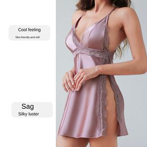 Jupe Sexy en Satin pour Femmes Européennes Nouvelle Chemise de Nuit Transfrontalière Couture en Dentelle Fendue sur le Côté Dos Nu Design-Modèle à Séchage Rapide - Product Image 2