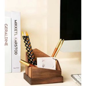 Wooden <b>Pen</b> Holder Black Walnut Triangle Shape Desktop Stationery Storage <b>Box</b> Multi Purpose Business Card Organizer - Product Image 4