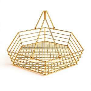 Stainless Steel <b>Gold</b> Wire <b>Storage</b> <b>Basket</b> Polygon Shape Minimalist Design Handles Standing Mesh Organizer Multi-Purpose Kitchen - Product Image 1