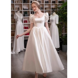 French Style Satin Wedding Dress White Square Collar Puff Sleeve A Line Bridal Gown For Wedding Banquet Women Spring - Product Image 1