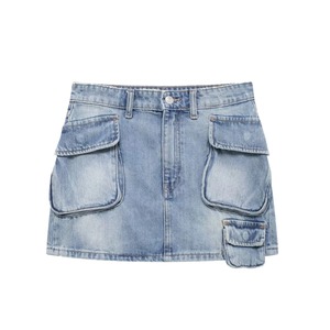 Mini-jupe en jean pour femme de qualité supérieure, style utilitaire asymétrique avec poches, coupe trapèze en coton délavé, mode printemps - Product Image 5