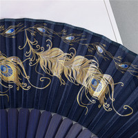Éventail en bambou HZ de 7 pouces, style chinois classique rétro, plumes de paon estampées or, unisexe, pour Hanfu, Cheongsam, Nouvel An chinois