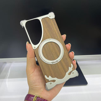 Pour Samsung Galaxy S26 S25 S24 S23 Ultra Étui en bois de noyer avec bordure métallique sans cadre, protection intégrale 360 °   Support magnétique rotatif, coque antichoc