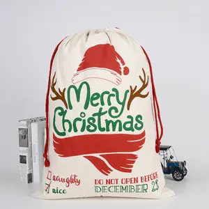 Reusable Beige Christmas Dr Pouch Fabric Dust Canvas Cotton Drawstring Bag With Double String