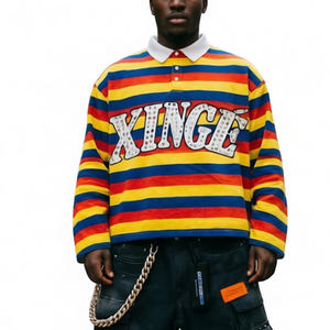 Manufacturer Custom Vintage Print Polo Shirt Men Boxy Fit Rugby Style Striped Thermal Cotton Casual Streetwear <b>Tshirt</b> Men - Product Image 1