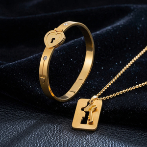 Soaring To The Sky Love Lock Necklace And <b>Bracelet</b> Set Gold Stainless Steel Heart Shape <b>Couple</b> Jewelry Gift Unisex - Product Image 1