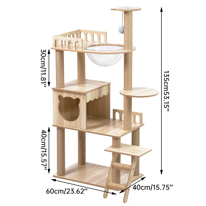 Torre de diseño de moda para gatos, marco de escalada de madera grande y alto para gatos con casa, árbol para gatos