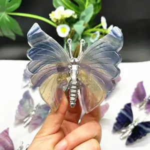 Grosir ukiran kristal jumlah besar kupu-kupu fluorit pelangi ukiran tangan kristal hewan kupu-kupu