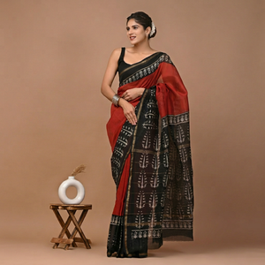 Sari en soie Chanderi pure imprimé à la main avec pièce de blouse – Sari élégant en soie Chanderi pure – Vêtement ethnique imprimé à la main - Product Image 1