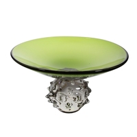 Plateau de service en verre artistique soufflé à la main, ambre vert, de luxe italien, avec base sphérique irrégulière, pièce maîtresse sculpturale pour la décoration de table