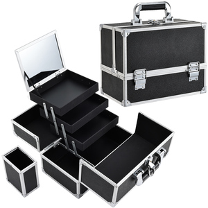 Portable <b>Makeup</b> Train Case with 4 Foldable Trays & Detachable Brush Holder Large Cosmetic <b>Box</b> Nail Storage Organizer with Mirror - Product Image 1