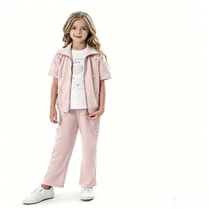 Ensemble 3 pièces décontracté d'été de haute qualité avec veste zippée à nœud décoratif, t-<span class=keywords><strong>shirt</strong></span> orné de strass en forme de cœur et pantalon large - Product Image 3