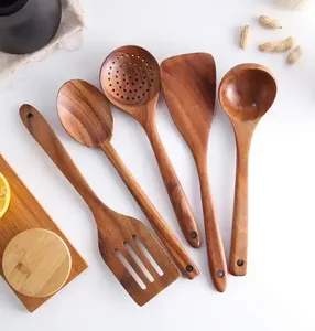 Hot Bán tự nhiên Gỗ Tếch 5 cái nhà bếp bằng gỗ Đồ dùng nấu ăn thiết lập với thìa - Product Image 2