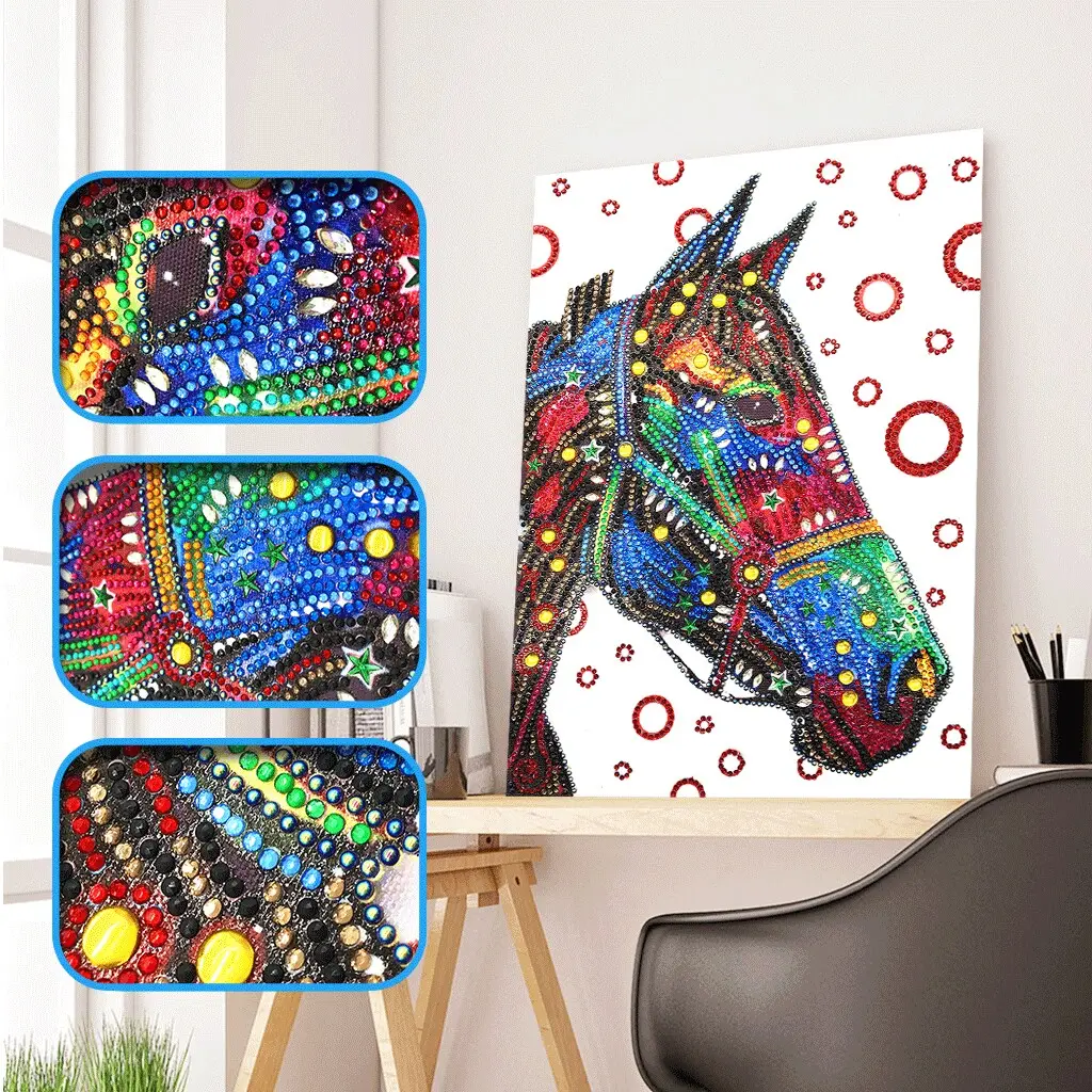 Pintura de diamante de cristal 5D de caballo colorido, pintura de diamante de forma especial artesanal, foto personalizada