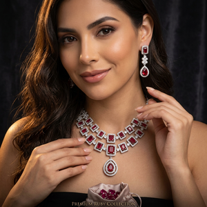 Luxury <b>Ruby</b> Emerald Cut CZ Brass Bridal Jewelry Set Two Layer American Diamond <b>Necklace</b> and Drop Earrings for Women - Product Image 1