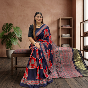 Sari en Soie Modale Pure avec Imprimé Ajrakh Dessiné à la Main, Séchage Rapide, Coupe Classique, Vêtement Ethnique Indien Traditionnel pour la Vente en Gros - Product Image 4