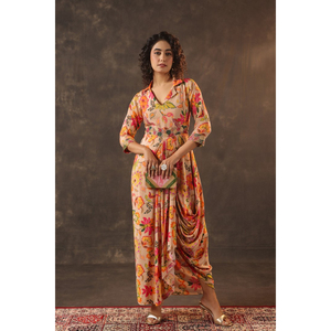 Robe drapée à imprimé floral, robe maxi élégante indo-occidentale, tenue de créateur, tenue chic, style ethnique contemporain - Product Image 1