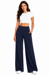 Pantaloni da Donna a Vita Alta, Tinta Unita, Gamba Larga con Tasche Laterali, Vita Elastica, Lunghezza Intera, Traspiranti, Stile Casual Primaverile - Product Image 3