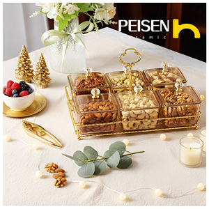 Plato de postre para aperitivos con partición de vidrio duradero con marco de hierro, plato de fruta apto para hoteles, barra de dulces, plato de frutas secas con tapa - Product Image 1