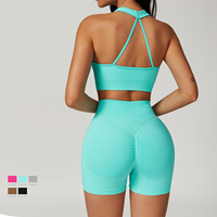 Ensemble court de yoga sans couture en deux pièces ensembles de fitness pour la salle de sport vêtements actifs Leggings froissés dos ouvert ensembles d'entraînement sexy pour femmes