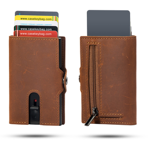 <b>Mens</b> Crazy Horse Leather <b>RFID</b> Slim Minimalist Pop up Smart <b>Wallet</b> Card Holder Protector case Automatic Sliding Aluminum <b>Wallet</b> - Product Image 1