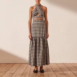 Vestito estivo nuovo Design fasciante abito di lino Vintage Plaid Plaid <span class=keywords><strong>Top</strong></span> corto <span class=keywords><strong>e</strong></span> <span class=keywords><strong>vita</strong></span> <span class=keywords><strong>alta</strong></span> <span class=keywords><strong>gonna</strong></span> <span class=keywords><strong>lunga</strong></span> due pezzi Set donna - Product Image 1