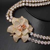 00147 Set Perhiasan Elegan Champagne CZ 4 Pcs Kalung Bunga Anting Gelang Cincin Berlapis Emas Aksesoris Pengantin untuk Wanita