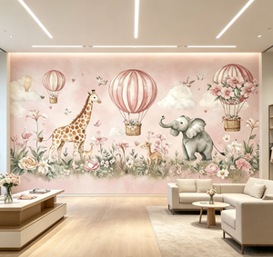 Wasserdichte Weiche Rosa Tierpark Wandbild Kinderzimmer Wanddekoration Wolke Heißluftballon Giraffe <span class=keywords><strong>Elefant</strong></span> Kindertapete - Product Image 4