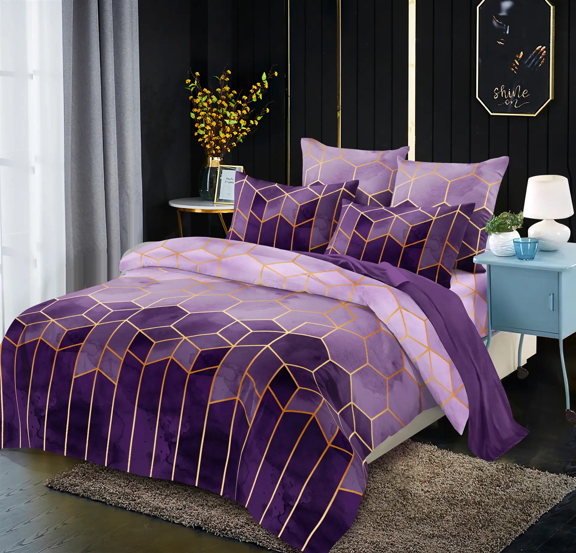 Custom Geometric Pattern Bed Comforter Set Duvet Cover Gilt Lines Queen King Size Quilt Cover Bedding Set with 2 Pillowcases