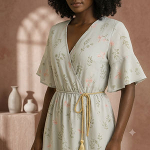 Robe Cache-Cœur en Mousseline Imprimée Florale avec Manches Volantes, Col en V, Taille Élastique et Détail Pompon – Longueur Midi Décontractée pour l'Été (Vente en Gros) - Product Image 2