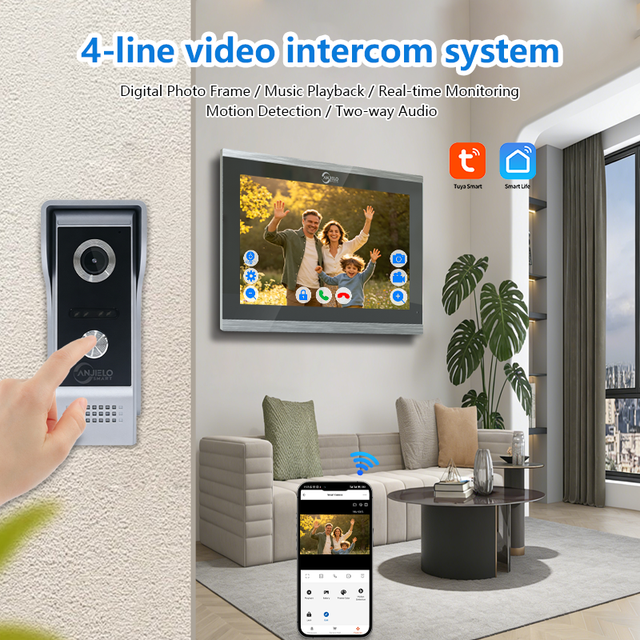 Anjielo Smart 4-Line Security Video Intercom System Tuya Two-Way Audio Motion Detection Remote Home Monitoring Water Resistant