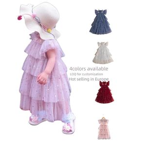 Robe mi-longue scintillante pour enfants, robe de mode pour filles avec motif étoile en maille, manches courtes, design gâteau avec tulle bouffant, offre ODM - Product Image 2