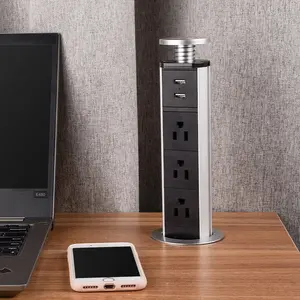 New Pull US Standard Embedded Recessed Hidden Office Kitchen Tabletop Desk Pop Up Power Strip Bar 3 Sockets 2 USB Port