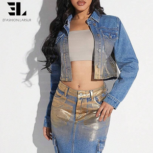 Giacca di Jeans da <span class=keywords><strong>Donna</strong></span> LARSUR Personalizzata di Fabbrica Cerata Laminata con Stampa Dorata Rivestita Stile Cowgirl <span class=keywords><strong>Bomber</strong></span> Corta a Maniche Lunghe - Product Image 6