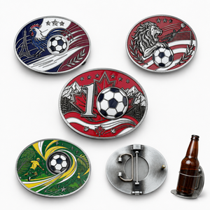 Hebilla de cinturón de aleación de zinc con diseño de Copa de Fútbol, soporte para cerveza, hebilla metálica, venta al por mayor, regalo para aficionados al fútbol, diseños de recuerdos para eventos deportivos, a granel - Product Image 1